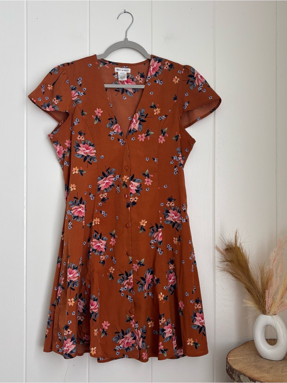 Rust Floral V-Neck Button Mini Dress by Miley & Molly